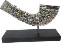 Shofar ram casting, not real, silver plated, with a pattern of the walls of ancient Jerusalem