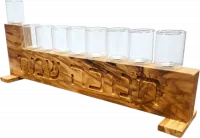 Olive wood menorah Hanukkah and glass cups, with engraving Happy hanukkah, handmade_1
