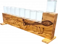 Olive wood Hanukkah and glass cups, with engraving Am Israel Chai, handmade_1