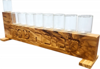Olive wood menorah Hanukkah and glass cups, with engraving Happy hanukkah, handmade_1