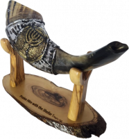 Shofar ram, silver and gold plated, with a menorah pattern, handmade_1